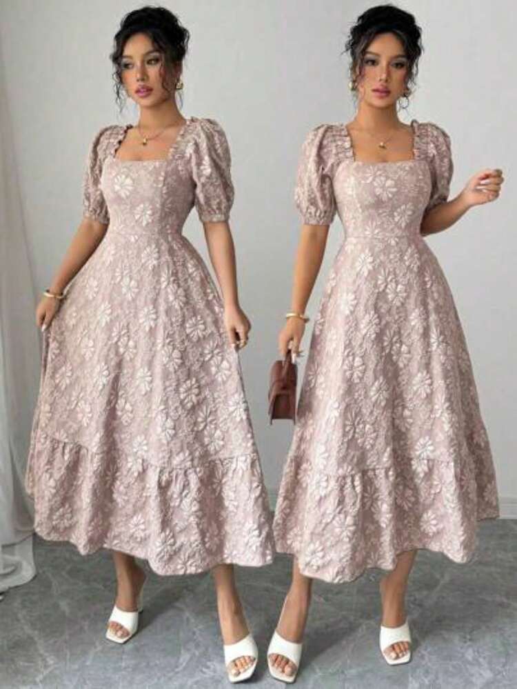yonghongmaoyi1  Vestido de manga abullonada para uso diario u ocasiones festivas, de unicolor, con tejido jacquard de margaritas y que da form - Caqui - Añade 1