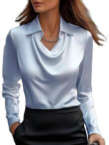 sa de satén con cuello dudete para mujer Genérico – Elegantes blusas de seda de manga larga, camisas de trabajo casuales y elegantes para oficina, invitadas de boda y atuendos escolares 2025 - Amarillo - Ver 11