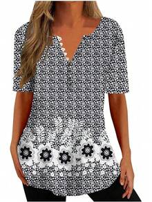 Ceboyel - Camisas Henley con estampado floral para mujer, cuello en V, sexy, casual, de manga corta, blusas elegantes para mujer - Blanco #25 - Ver 12