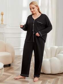 Conjunto de Pijama para Mujer Talla Grande, Cuello en V, Botones Frontales, 2 Piezas, Ropa de Dormir de Manga Larga para Otoño, Color Sólido, Ropa de Casa Femenina - Negro - Ver 5