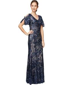 Alex Evenings - Vestido Largo para Madre de la Novia con Mangas voladas para Mujer con Cintura Imperio Fruncido (Tallas pequeñitas y Normales) - Malla azul eléctrica - Ver 13