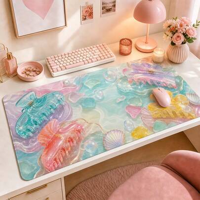 Alfombrilla de ratón grande de estudio con clip para el cabello de vidrio marino de resina, tapete de escritorio azul agua con arte acrílico brillante, almohadilla de teclado extendida suave y antideslizante, adecuada para portátil, dormitorio de chicas, tocador, decoración de habitación de verano, mesa de maquillaje y regalos