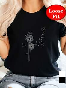 Camiseta de manga corta con cuello redondo y estampado de diente de león y mariposa, top casual de primavera/verano, ropa de mujer de talla grande. - Negro - Ver 5