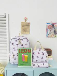 3pcs Fashionable College Style Bow Print Backpack Set, Including Backpack, Lunch Bag And Pencil Case, With Laptop Compartment, Adjustable Shoulder Straps And Multiple Pockets, Large Capacity Student Backpack Set, Multi-Functional Daypack Set, Suitable For Girls/College Students/Graduate Students Daily Use/Vacation/Travel/Back To School - Multicolor - View 4