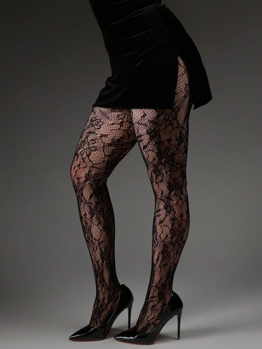 1pc French Vintage 7-Petal Flower Jacquard Hollow Fishnet Tight Leggings, Spring/Summer Thin Women's Fashion Sexy Tights, Slimming Leg-Flattering Versatile Base Layer Pants, Halloween Costume Y2K Millennium Style Pantyhose - Multicolor - View 1