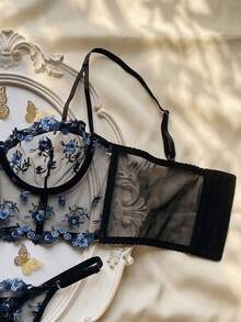 Women's Lingerie Set Embroidered Mesh Semi-Sheer Push-Up Bra And Thong, Girly Style, Party Wear, Valentine's Day Gift, Daily Outfit - Black - View 9