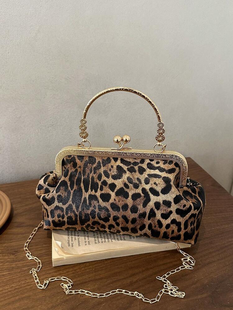 Leopard Print Fashion Clasp Women's Handbag, Elegant Tote Bag For Party And Shopping, Random Pattern Placement - Brown - View 10
