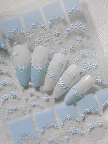 1pc Gentle Hazy French Blue 6D Semi-Transparent Embossed Nail Stickers, 3D Lace Texture Mini Floral, Paired With Multiple Curved French Lace Edges, Staggered Long And Short Flower Vines, Low Saturation Matte Light Blue Soft And Elegant, Delicate 3D Embossed Not Bulky, Semi-Transparent Base Film Suitable For Milky White, Nude Gray, Ice Transparent Nude Nail Polish Base Colors. Specifically For French Manicure Edging, Also Can Be Used For Single Flower Decoration And Patching - Multicolor - View 6