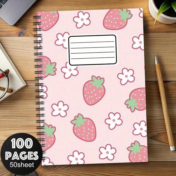 Pink Spiral Notebook With Strawberry And Floral Design - A5 Size, Ideal For School, Office, Or Travel Journaling - Perfect Gift For Friends And Sisters, Notebook And Diary School Supplies