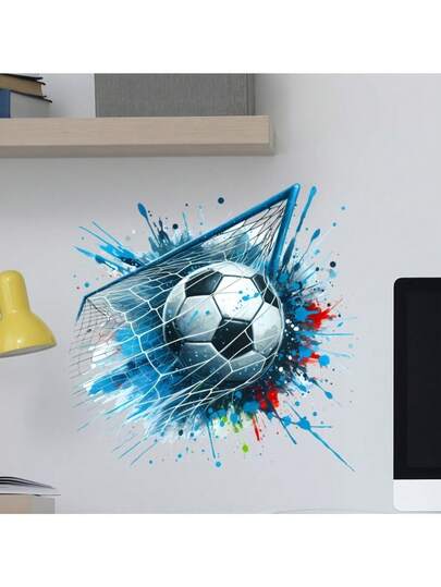 1pc Graffiti Splash Soccer Goal Net Wall Sticker, Colorful Ink Splatter Soccer Peel And Stick Decal, Removable Sports Theme Bedroom Game Room Sofa Background Home Decor