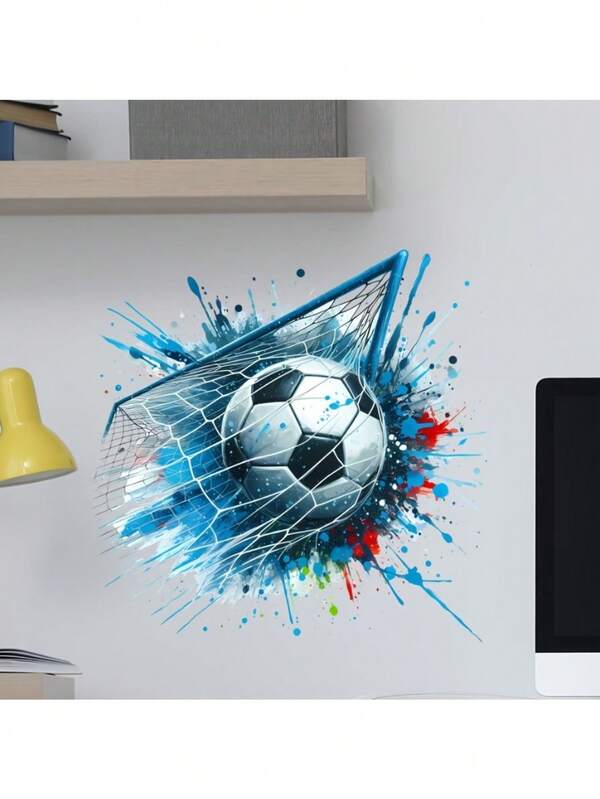 1pc Graffiti Splash Soccer Goal Net Wall Sticker, Colorful Ink Splatter Soccer Peel And Stick Decal, Removable Sports Theme Bedroom Game Room Sofa Background Home Decor