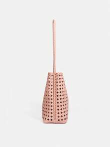 2026 New Pink Hollow Embossed Woven Bag, Women's Shoulder Bag With Small Bag, Large Capacity Bag, Vacation Travel Charm Versatile Leisure Bucket Bag - Pink - View 4