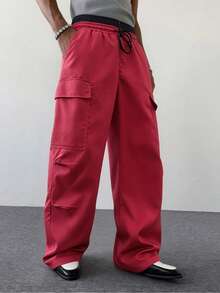 Whitmere Men's Casual Long Pants Double Waistband Colorblock Waist Multi-Pocket Cargo Pants Straight Leg Loose Fit Wide Leg Pants Fall/Autumn Gift - Red - View 3
