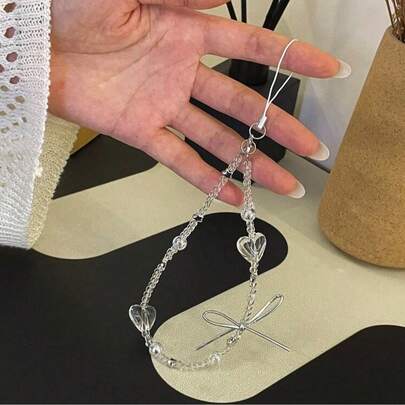 Crystal Clear Heart Beaded Silver Bowknot PhoneLanyard, Anti-Lost Wrist Strap Portable PersonalizedPhone Strap, Beaded Bag Charm, Keychain