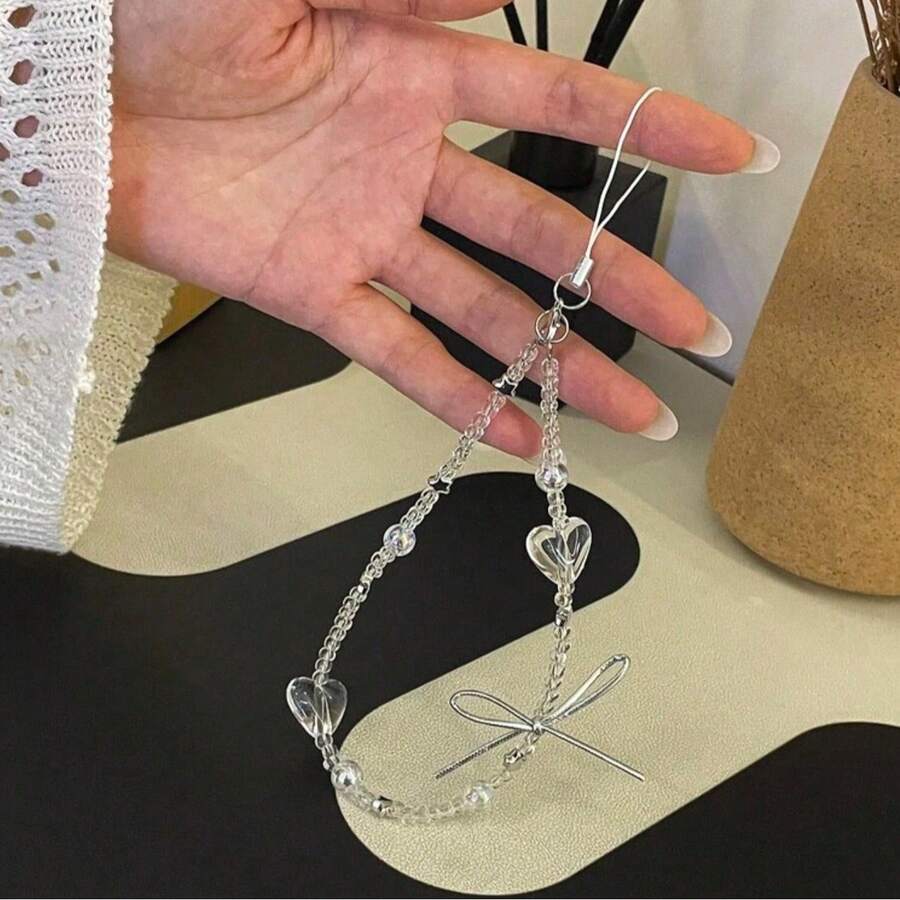 Crystal Transparent Heart Beaded Silver Bow Phone Lanyard Anti-Loss Wrist Strap Portable Personalized Phone Strap Beaded Bag Charm Keychain - White - View 1
