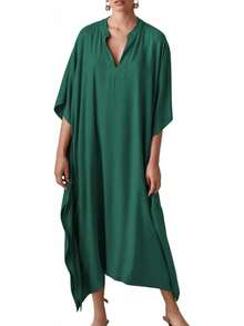 Bsubseach Mujer Vestido de Verano Kaftán para Playa de Seda Cuello en V Manga de Murciélago - Azul pavo real B - Ver 12