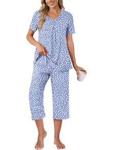 Anyally - Conjunto de pijama de verano para mujer, camisa de manga corta y pantalones capri de 2 piezas, pijama plisado con bolsillos - Plisado color caqui naranja - Ver 11
