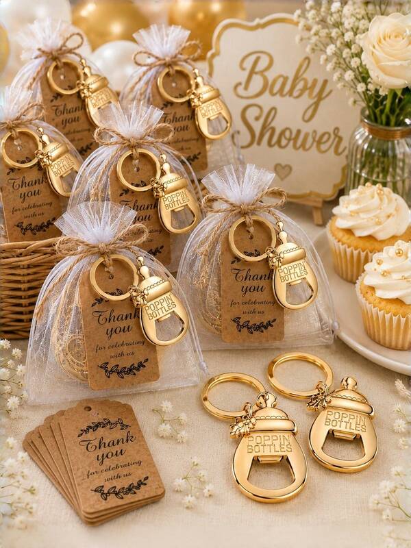 20 Sets Juego de Llaveros Abrebotellas Dorados, Suministros para Fiesta de Baby Shower, Recuerdos para Invitados de Baby Shower, Regalos para Fiesta de Baby Shower, Suministros para Fiesta de Revelación de Género