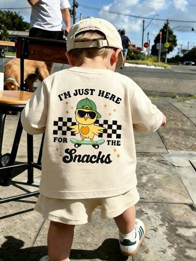 Baby Boys Skate Chicken Graphic Long Sleeve Tee, Cool Checkerboard "I'm Just Here For The Snacks" Letter Print Crew Neck Infant Fall Casual T Shirt
