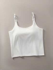 Women Plus Size Sling Camisole With Integrated Bra Pads, Adjustable Thin Shoulder Straps Stretchy Ribbed Basic Layering Tank Top Daily Outfit - White - View 7