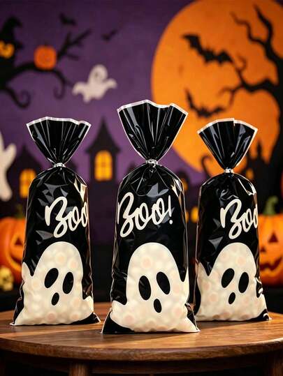 1 Set Halloween Gift Bags With Silver Twist Tie - Cute // Plastic Halloween Trick Or Treat Bags, Suitable For 2026 Halloween Party Supplies, Halloween Decorations And Gift Wrapping