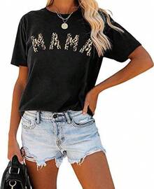 Camiseta de manga corta con estampado de leopardo para mujer, camiseta de mamá con estampado de guepardo. - Negro - Ver 8