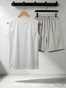 Men's Summer Casual Homewear Set, Light Gray Solid Reflective Stripe Round Neck Sleeveless Tank Top And Zipper Pocket Shorts 2-Piece Fitness Leisure Sports Suit - Multicolor - View 4