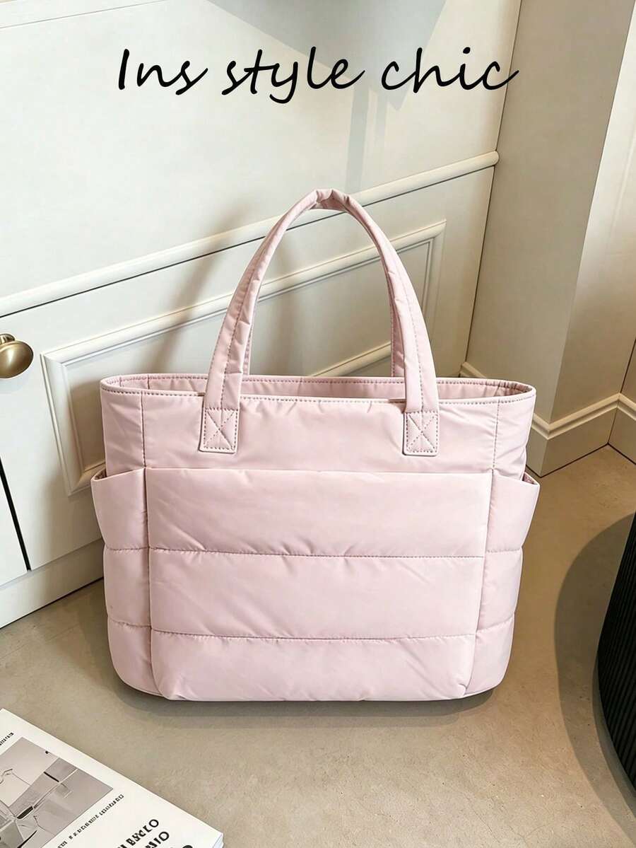 New Fashionable Classic And Multifunctional White Handbag, Simple Design, Quilted Details, Dual Top Handle Design For Shoulder, Elegant Shoulder Bag For Ladies, Suitable For N - Dark Grey - View 1