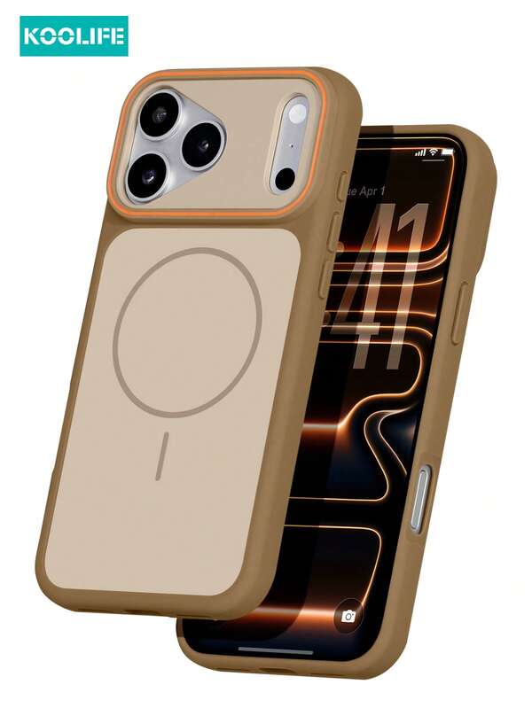 KOOLIFE 1pc Milk Coffee Brown Dual-Tone Magnetic Phone Case, Built-In Strong Magnet Supports MagSafe Charging, Contrast Orange Lens Frame, Matte Anti-Fingerprint Protective Shell, Minimalist Luxury Aesthetic, Soft Lining Full Lens Protection, For Iphone18pro/18pro Max/17/17 Pro/17 Pro Max/16/15/14/13/12/11