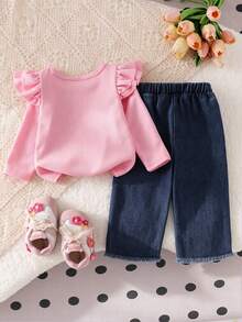 Baby Girl 2pcs Set, Ruffled Collar Pink Waffle Blouse + Gradient Floral Applique Denim Pants, Sweet Style For Spring/Autumn - Pink - View 3