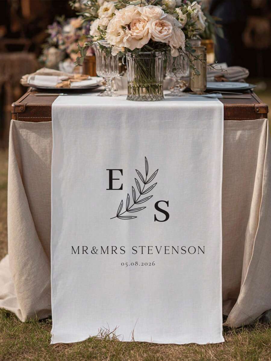1pc Customized Text Wedding Table Runner - Personalized Surname Linen Banner Sweet Table Decor Elegant Wedding Decoration Romantic Gift For Groom & Bride Suitable For Valentine's Day Anniversary Engagement Bridal Shower Wedding Celebration - Multicolor - View 1