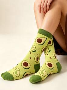 1 Pair Women's Avocado Jacquard Mid-Calf Socks, Spring/Autumn/Winter Artistic Casual Socks, Fruit Pattern, Personalized & Cute, Suitable For Daily Wear - Multicolor - View 2