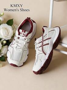 Baskets Épais à semelle épaisse pour femmes KMXY, printemps/automne, chaussures décontractées à talon compensé bas en maille respirante, légères et polyvalentes, à lacets, coloris blanc/gris/blanc, chaussures de sport et de course toutes saisons - Rouge - Voir 5