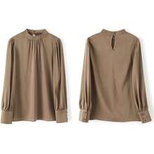 Blusa formal de manga larga para mujer, con cuello falso, plisada, manga abullonada, para negocios - Azul - Ver 3