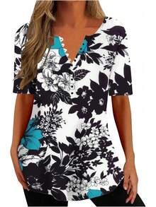 Ceboyel - Camisas Henley con estampado floral para mujer, cuello en V, sexy, casual, de manga corta, blusas elegantes para mujer - Blanco #19 - Ver 17
