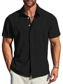 Camisas De Manga Corta con Botones para Hombre,Hombre Camisa Casual Manga Corta con Botones Ocultos,Adecuada para Playa,Trabajo,Cita. - Negro - Ver 8