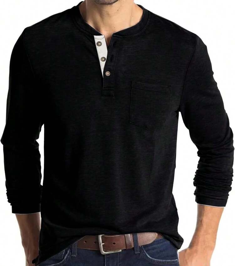 YOUTHGO Camiseta Henley Casual para Hombre Playera de Solapa Frontal de Manga Corta con Botones - gris claro (manga largo) - Añade 21