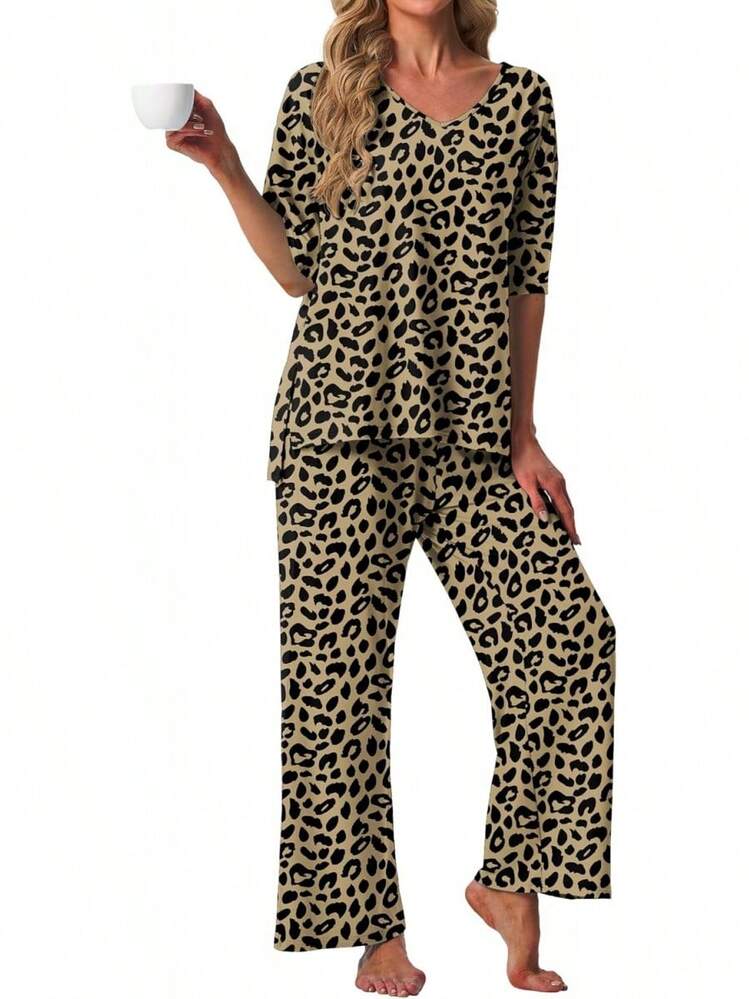 PrinStory - Conjunto de pijama de manga corta para mujer, conjunto de pijama de 2 piezas para mujer, cómodo ropa de descanso con bolsillos - Fp-ld Caqui - Añade 7
