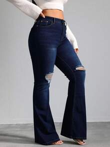 Floor-Length, High-Waisted Flare Trousers With One-Sided Rips At The Knees, High Elasticity, Fitted, Available In Multiple Shades, Retro Flowy Drape - 深色水洗藍 - View 3