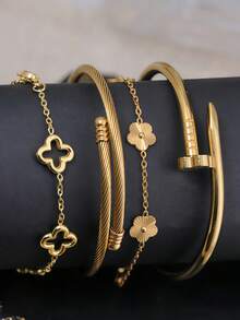 4pcs/Set/3pcs/1pc Gelang Mata Jahat Warna Emas | Set Gelang Mata Biru Enamel & Desain Kabel Terpilin untuk Perhiasan Fashion Kasual/Pesta Sehari-hari - Yellow Gold - View 3