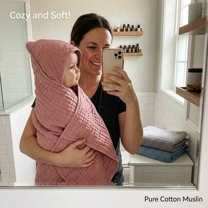 Pure Cotton Hooded Towel Baby Bath Towel, Super Absorbent Large Towel For Newborns & Toddlers, Multi-Layer Muslin Cotton Hooded Baby Towel. OSWS