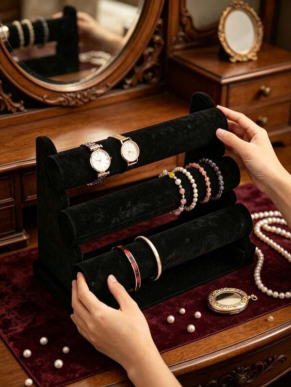 1 Stück, Mehrgrößen, Samt, T-förmiger Armband-Ausstellungsständer, Set, abnehmbarer mehrschichtiger Halter, geeignet für Armbänder, Haargummis und Uhren, weiches rutschfestes Samtmaterial.
