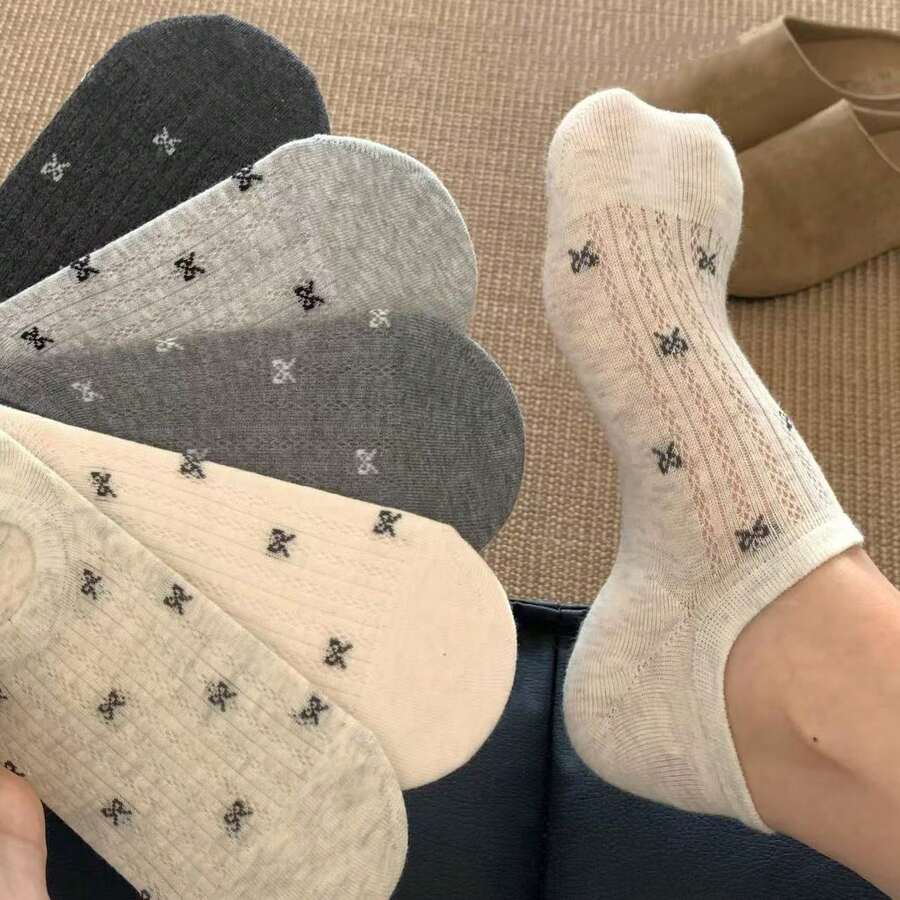 5 Pasang Kaos Kaki Wanita Model INS dengan Pita, Tipis, Anti Selip, Tidak Mudah Lepas, Berongga, Bernapas, Potongan Pendek, Model Perahu - kaus kaki perahu motif dasi kupu-kupu - View 1