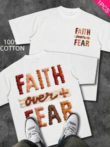 Men's Christian T-Shirt "FAITH OVER FEAR" | Psalm 118:6 Design | Inspirational Streetwear | 100% Cotton | Unisex Fit | Ideal Gift For Believers - 玫紅色 - 查看 1