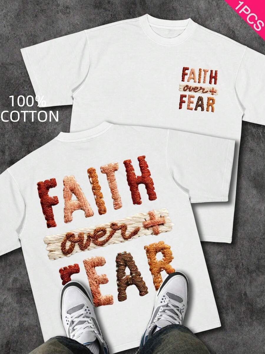 Men's Christian T-Shirt "FAITH OVER FEAR" | Psalm 118:6 Design | Inspirational Streetwear | 100% Cotton | Unisex Fit | Ideal Gift For Believers - 玫紅色 - 查看 1