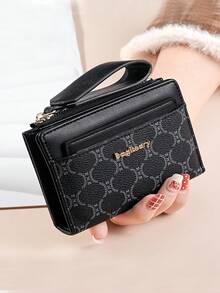 Vintage Litchi Textured Minimalist Women's Wallet, Premium Elegant Bifold Card Holder With Multiple Card Slots, Zipper Short Coin Purse With Letter Design - Black - View 7