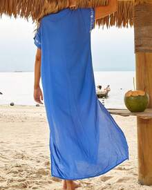 Bsubseach Vestido Largo de Playa de Manga Corta con Cuello en V Cubre Bikini para Mujer Bordado - Verde - Ver 7