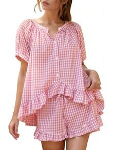 Flygo - Conjunto de pijama de cuadros para mujer, 2 piezas, de algodón, manga abombada, con volantes, conjunto de pijama de verano - Naranja china - Ver 19