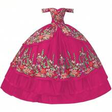 Vestidos de quinceañera con bordado floral con hombros descubiertos y temática mexicana, vestido de baile para mujer 2023 - Vino - Ver 19