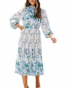 ANRABESS - Vestido midi floral para mujer, manga larga, con volantes, de gasa, acampanado, plisado, con cinturón, vestido de fiesta para té - Rosa nariz roja - Ver 16